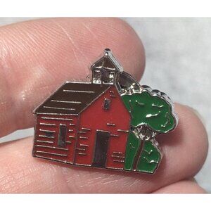 Retro Schoolhouse Barn Enamel Filled Silver Tone Lapel Pin